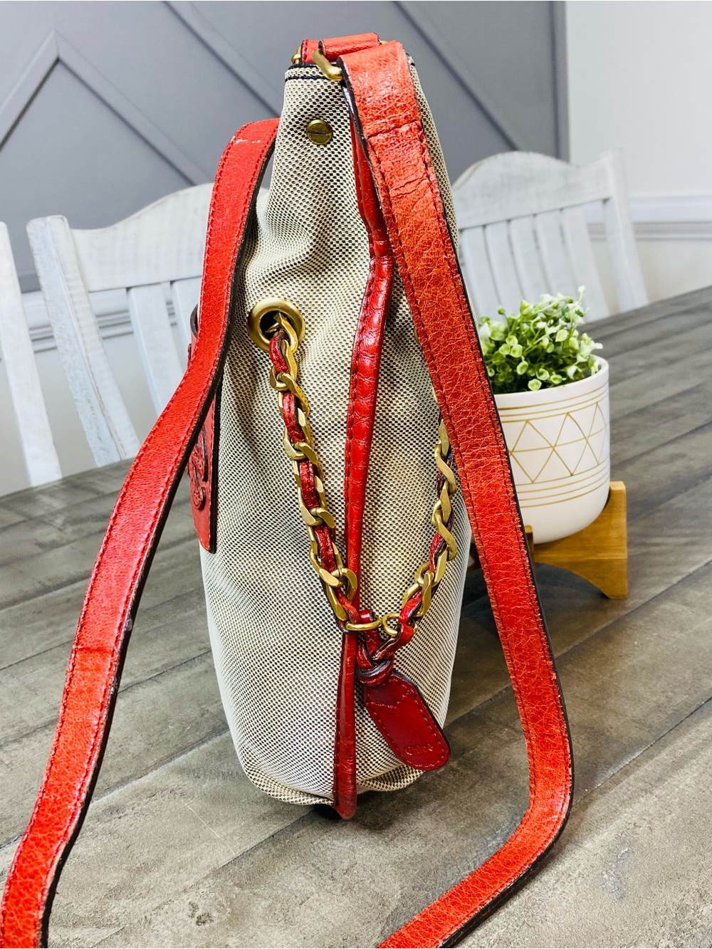 Vintage Chloé Harley Canvas Leather Crossbody Shoulder Bag Beige Red Y2K Phoebe - Picture 6 of 15